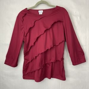 Vicki Wayne Top L Ruffle Maroon 3/4 Sleeve Pullover Stretch Polyester Asymmetric